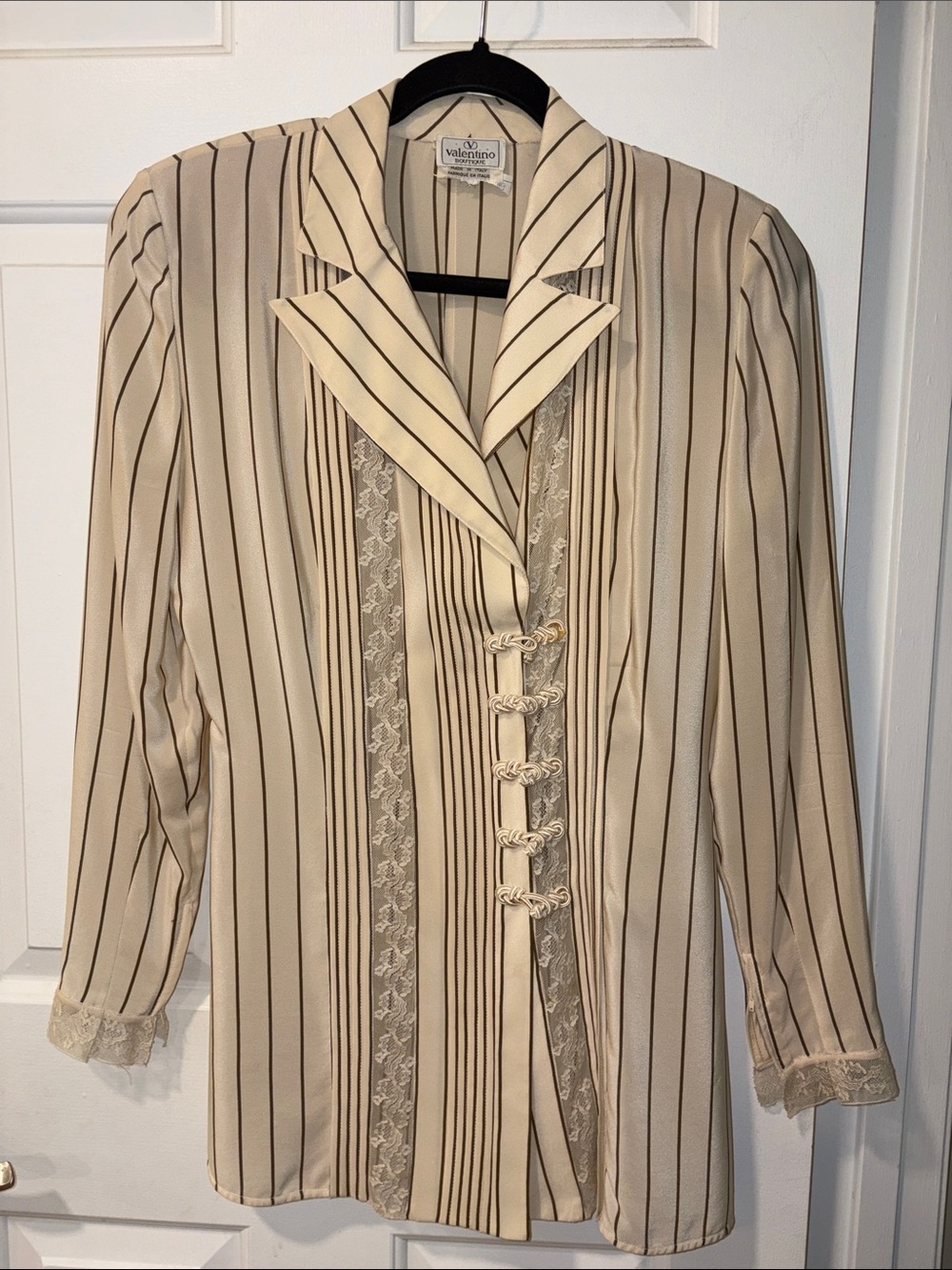 Valentino Cream Jacket with Black Pinstripes and Lace Trim